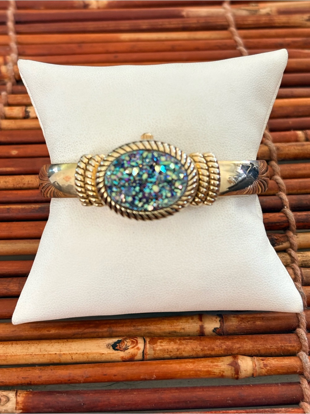 Gold-Tone Cuff Watch Bracelet Iridescent Blue-Green Druzy Accent Needs Battery